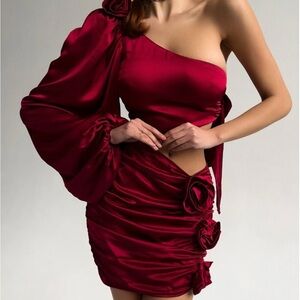 For Love & Lemons Red Asymmetrical Ruched Dress